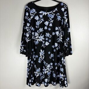 Lauren Ralph Lauren 14 Black Blue Floral 3/4 Bell Sleeve Lined A Line Dress NWT